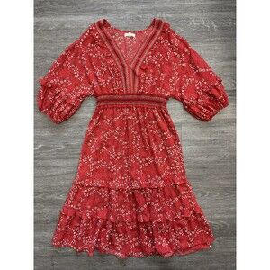 Max Studio Romantic Red Print Boho Dress Smocked Waist Size Large
